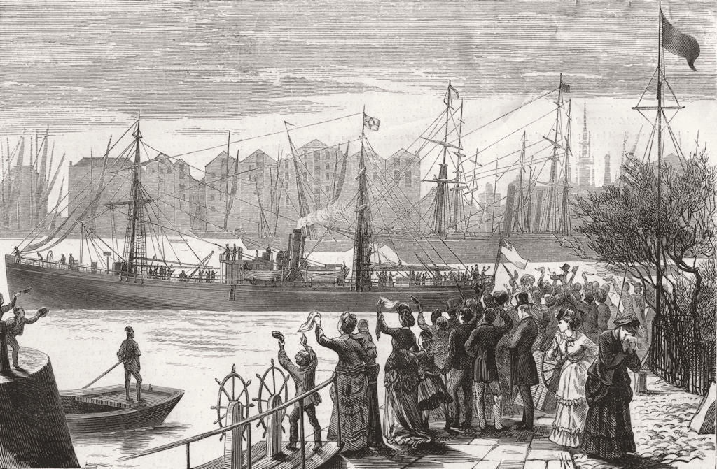 LONDON. The Abydos leaving the London Docks 1872 old antique print picture